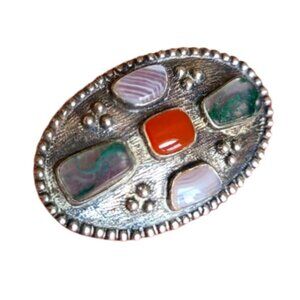 Vintage Sterling Silver Faux Agate Glass Stones Oval Brooch Pin Grandma Core